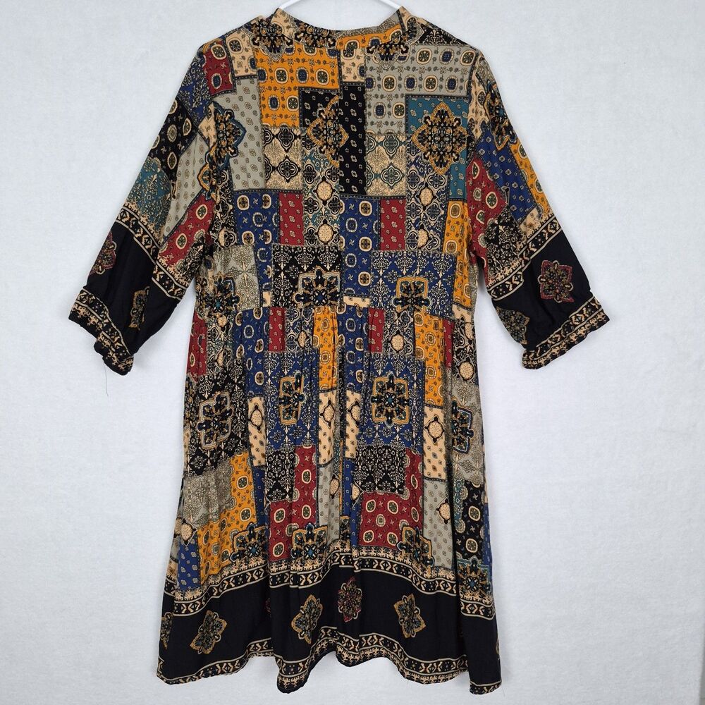 Patchwork Longsleeve Mini Boho Dress Large Lightweight Side Zip